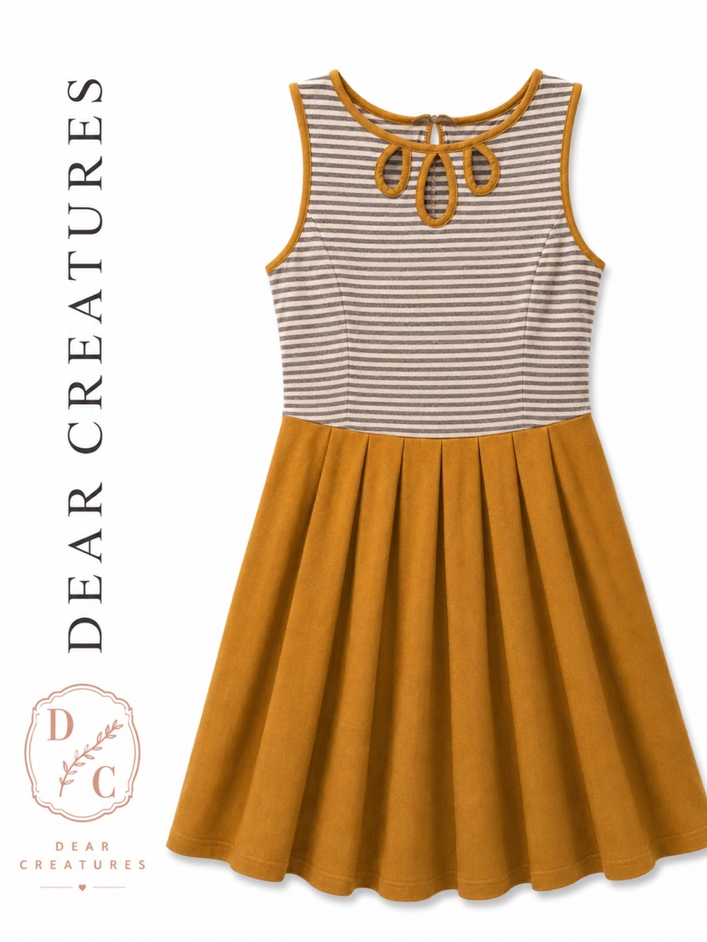 Dear Creatures Retro Mod Keyhole Dress Mustard Yellow Gray Striped Small G